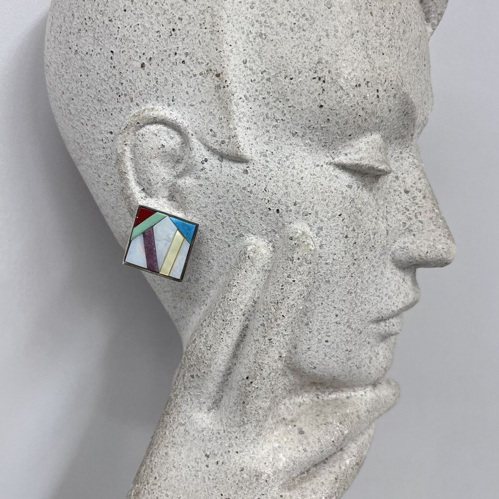 Vintage Sterling Stone‎ Earrings Signed VISIONS Square Shape